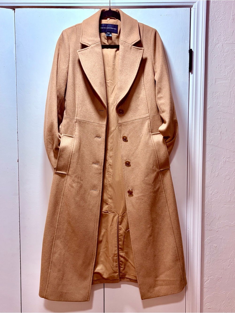 🍂FALL’26🔥 French Connection Camel Wool Blend Belted Trench Coat Sz. 4/Small - Picture 2 of 9